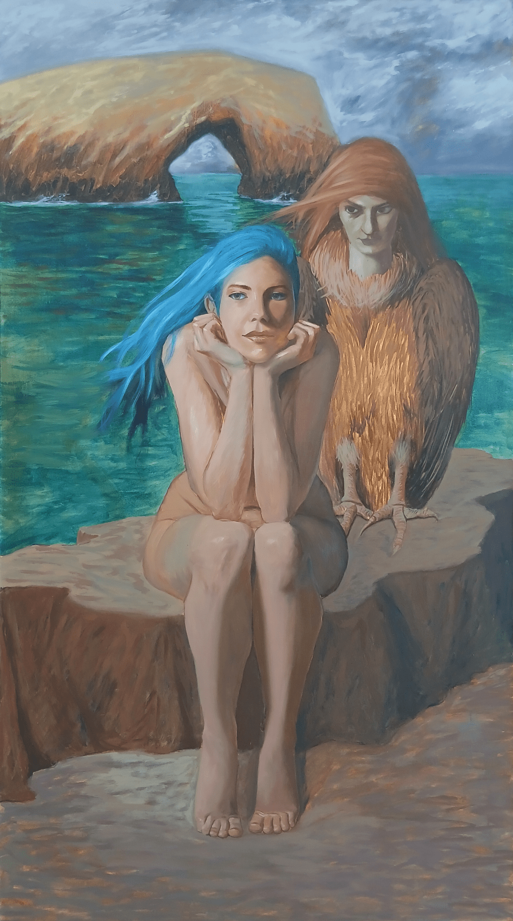 An oil painting on canvas depicting a Nereid and a siren in a seascape with a mythological and symbolist atmosphere, representing the theme of envy.
