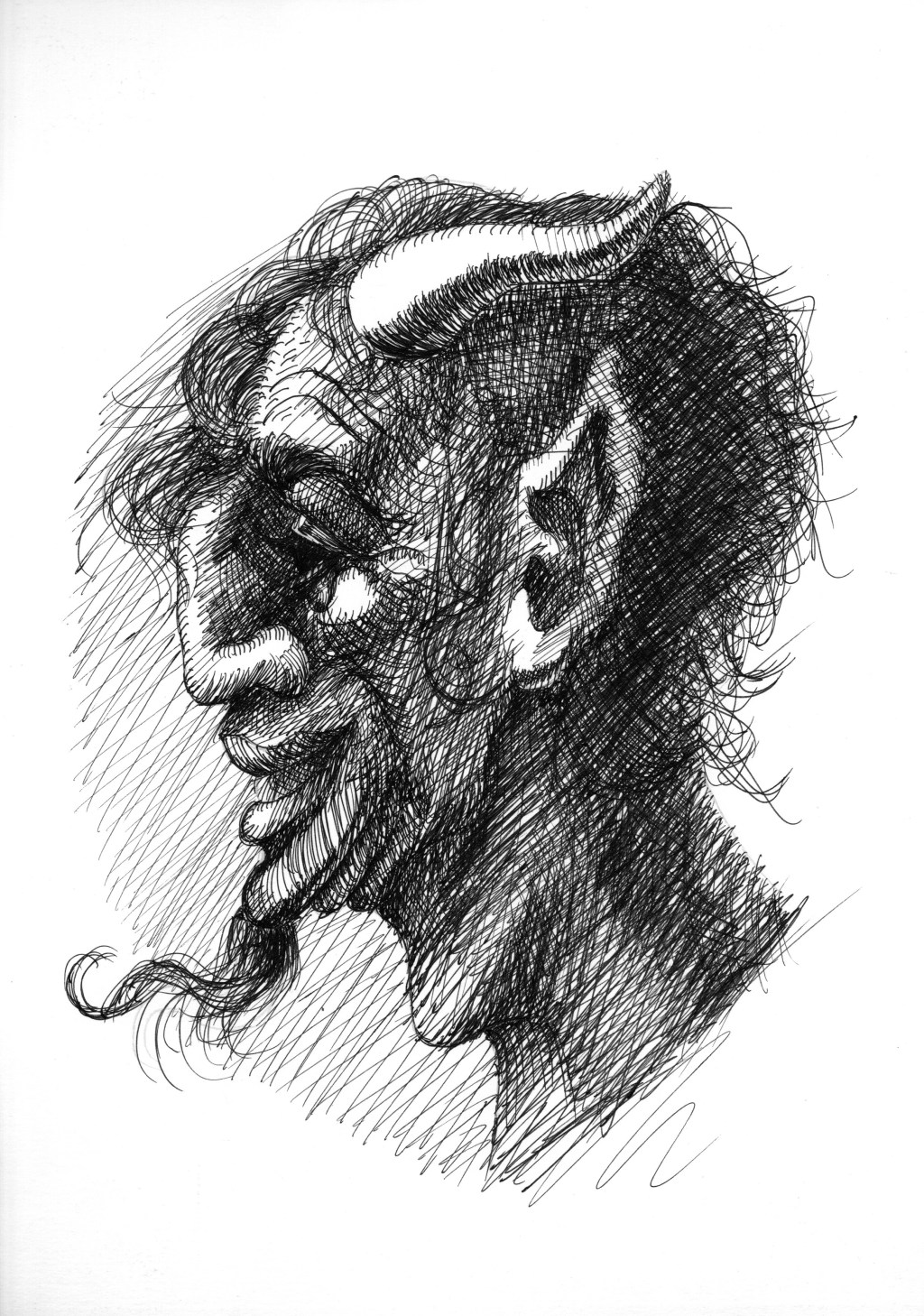 Profile of a Faun – Symbolist Mythological Ink Drawing